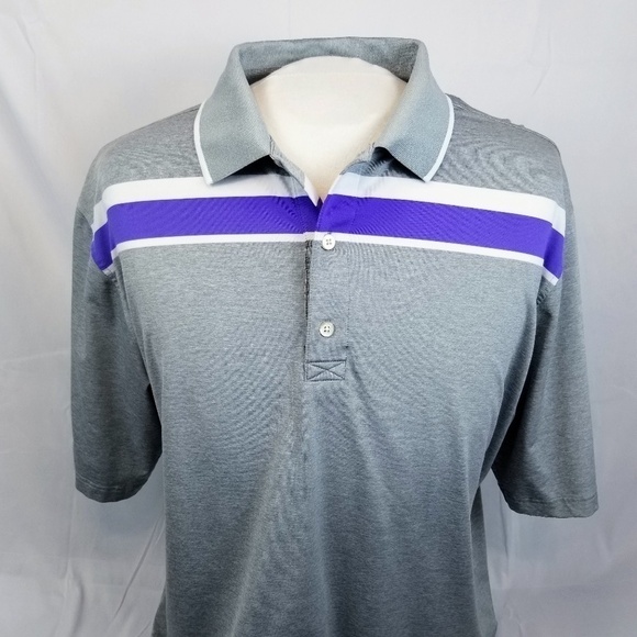 FOOTJOY- Men’s XXL Short Sleeve Performance Golf Polo Gray W/Purple/White Stripe - Picture 1 of 8